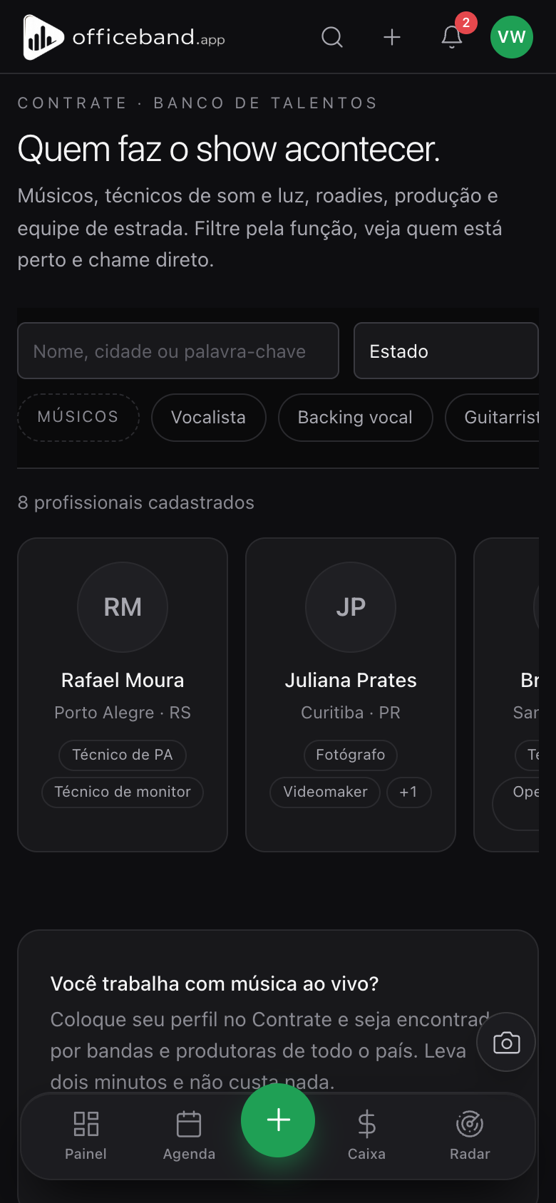 Tela de contrate do OfficeBand