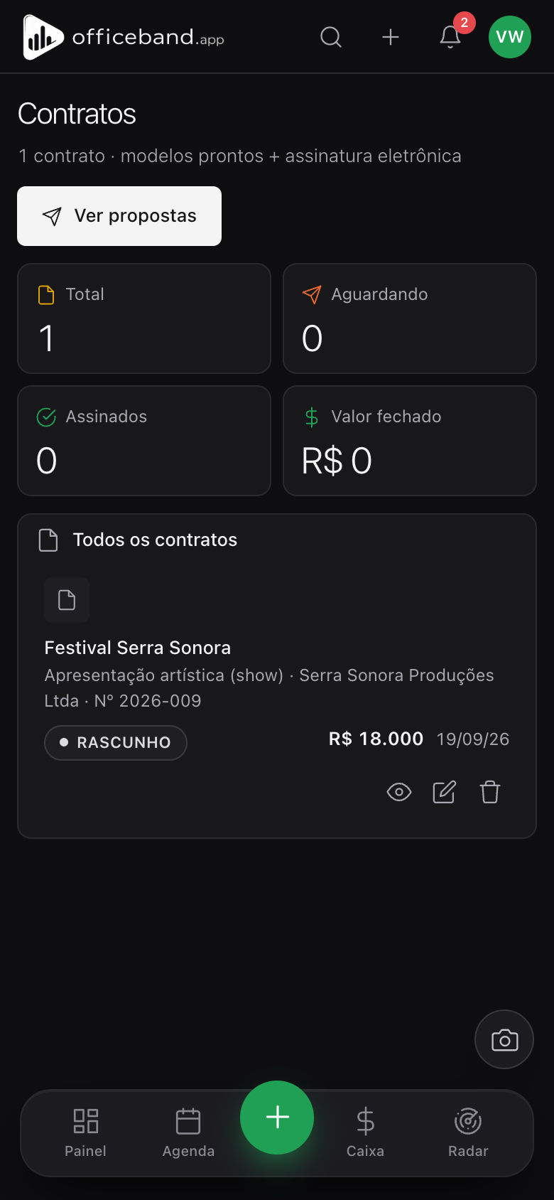 Tela de contratos do OfficeBand