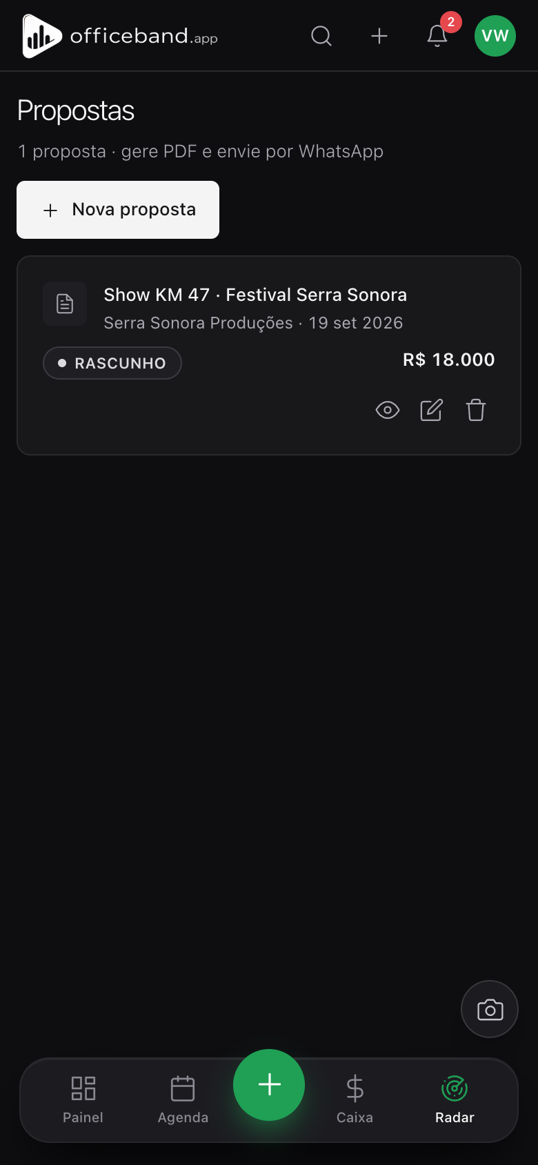 Tela de propostas do OfficeBand